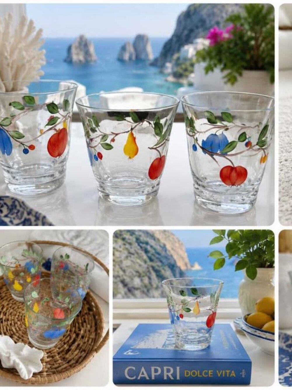 Vintage Hand-Painted Fruit Double Old Fashioned Glasses – Set of 4 Tumblers